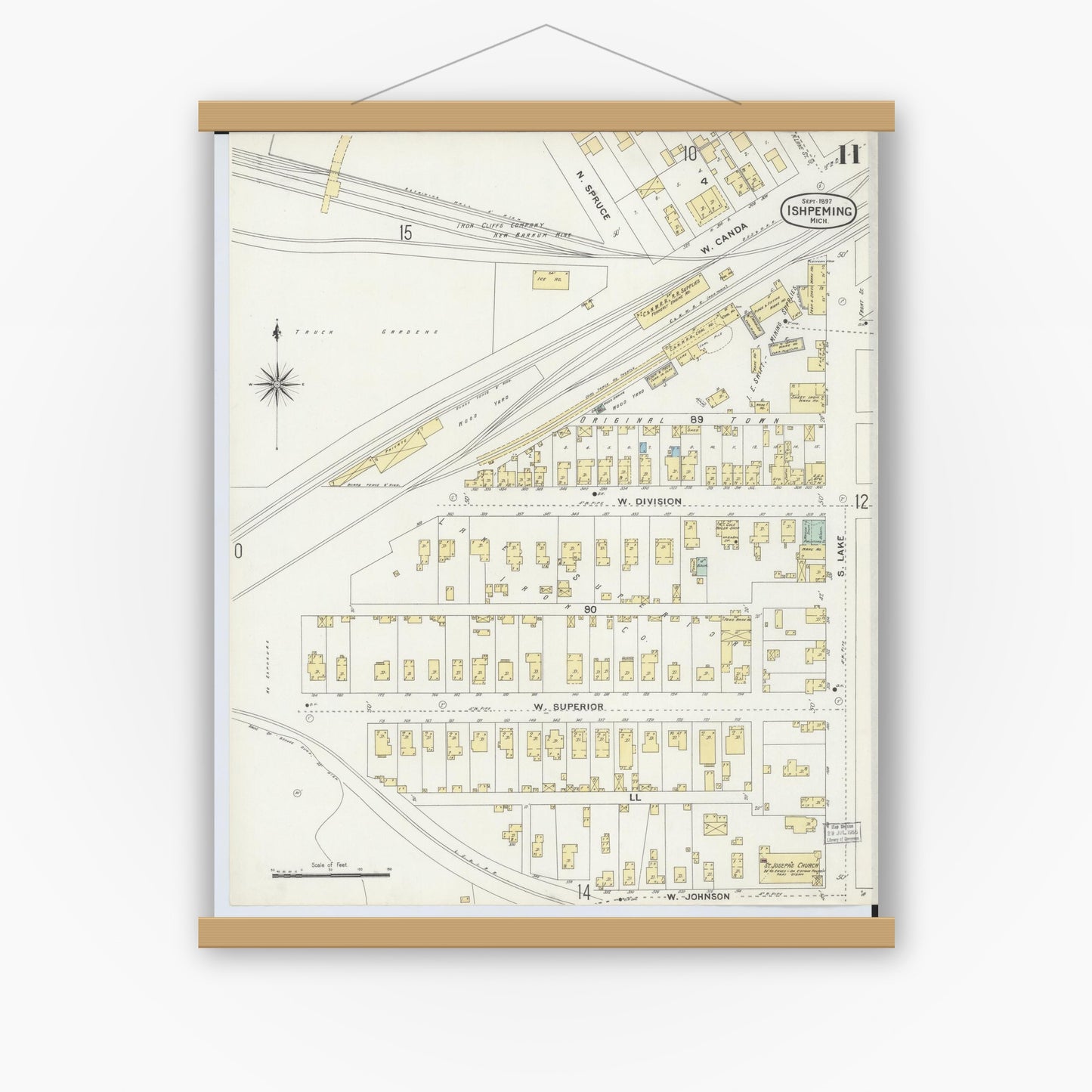 Old map wall art mockup — magnetic wood frame on white wall — Sanborn Fire Insurance Map from Ishpeming, Marquette County, Michigan (1897), Sheet #0011