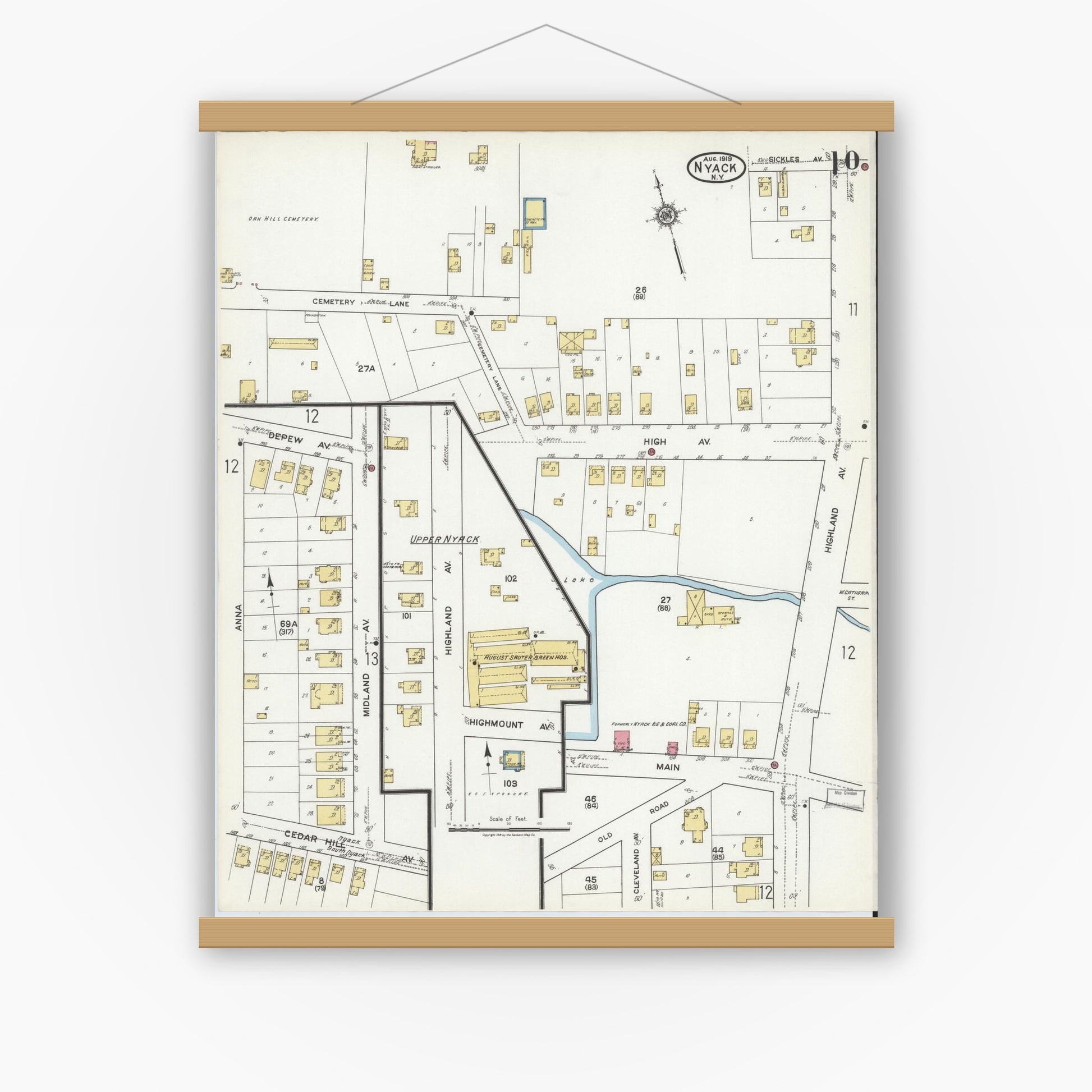 Old map wall art mockup — magnetic wood frame on white wall — Sanborn Fire Insurance Map from Nyack, Rockland County, New York. (1919), Sheet #0010