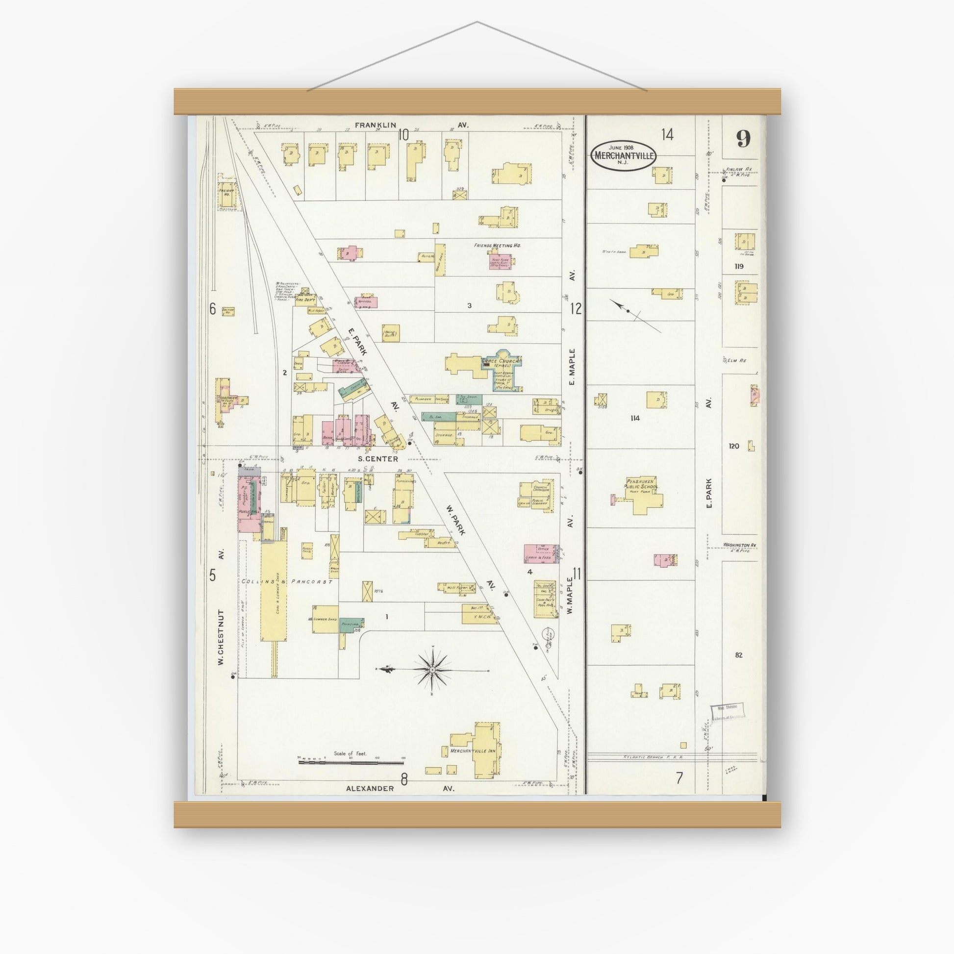 Old map wall art mockup — magnetic wood frame on white wall — Sanborn Fire Insurance Map from Merchantville, Camden County, New Jersey (1908), Sheet #0009