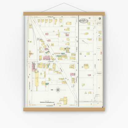 Old map wall art mockup — magnetic wood frame on white wall — Sanborn Fire Insurance Map from Merchantville, Camden County, New Jersey (1908), Sheet #0009