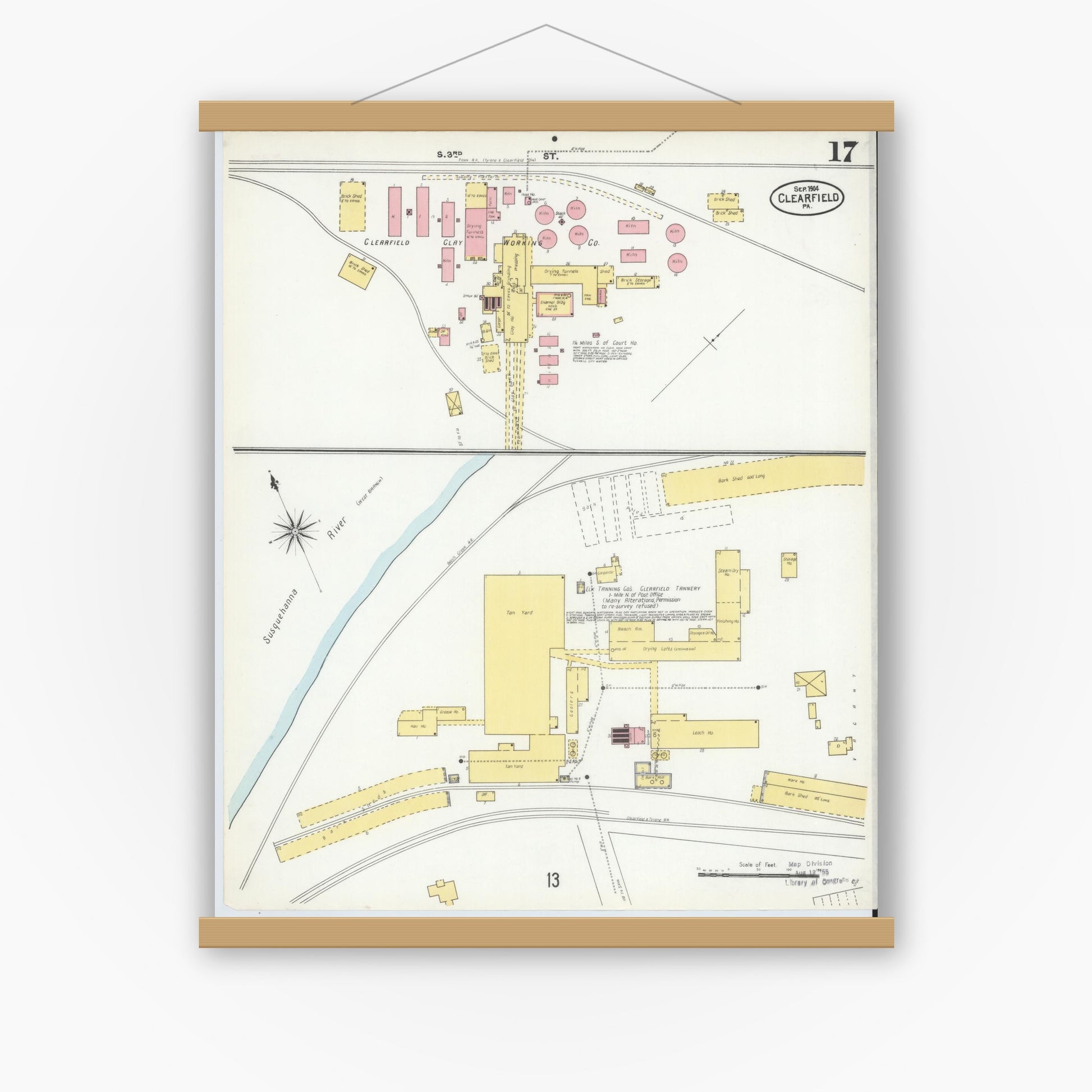 Old map wall art mockup — magnetic wood frame on white wall — Sanborn Fire Insurance Map from Clearfield, Clearfield County, Pennsylvania (1904), Sheet #0017
