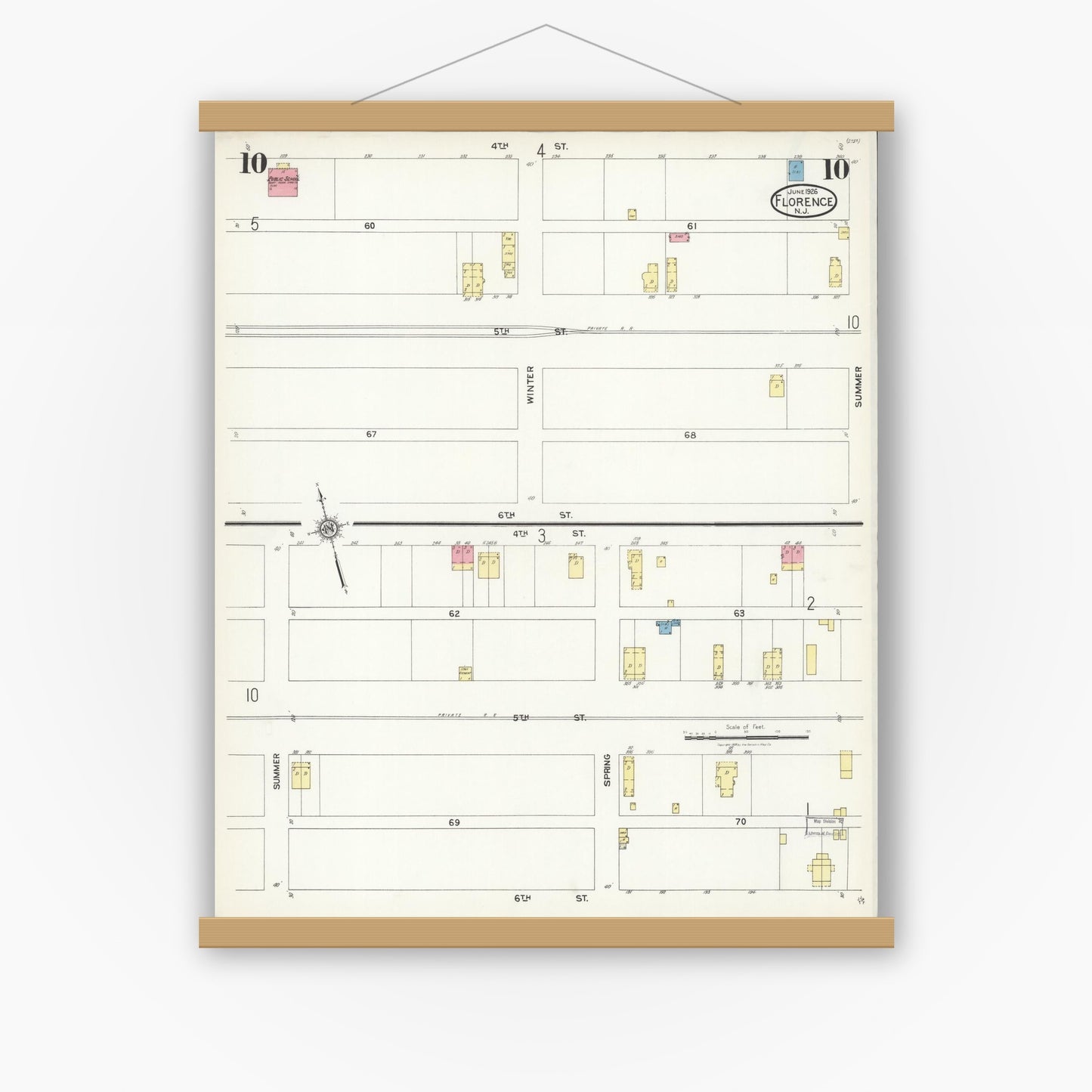 Old map wall art mockup — magnetic wood frame on white wall — Sanborn Fire Insurance Map from Florence, Burlington County, New Jersey (1926), Sheet #0010