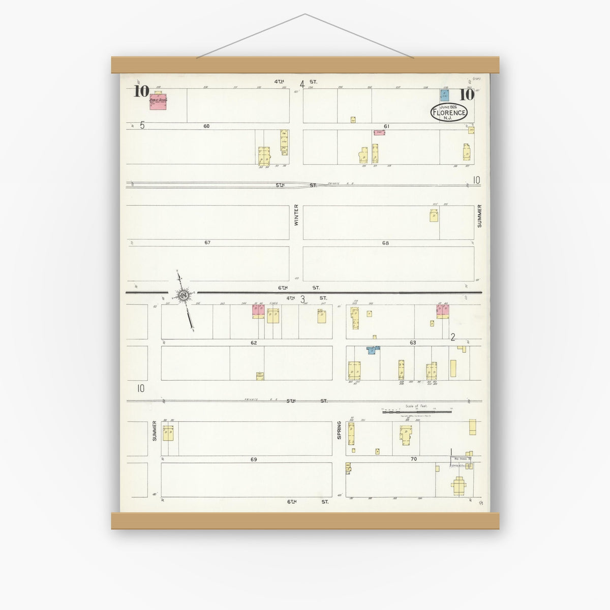 Old map wall art mockup — magnetic wood frame on white wall — Sanborn Fire Insurance Map from Florence, Burlington County, New Jersey (1926), Sheet #0010