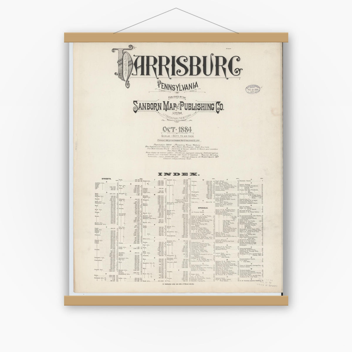 Old map wall art mockup — magnetic wood frame on white wall — Sanborn Fire Insurance Map from Harrisburg, Dauphin County, Pennsylvania (1884), Sheet #0001