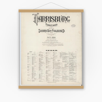 Old map wall art mockup — magnetic wood frame on white wall — Sanborn Fire Insurance Map from Harrisburg, Dauphin County, Pennsylvania (1884), Sheet #0001