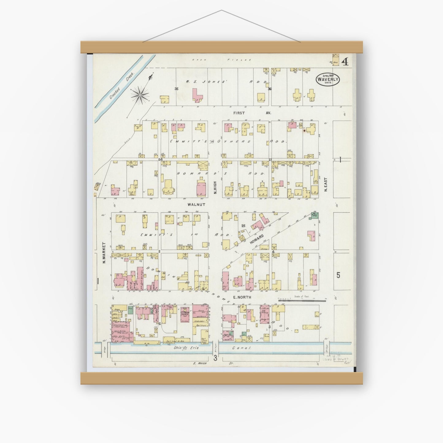 Old map wall art mockup — magnetic wood frame on white wall — Sanborn Fire Insurance Map from Waverly, Pike County, Ohio (1897), Sheet #0004