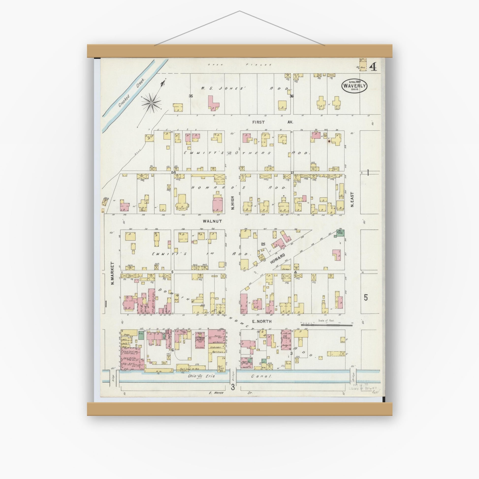 Old map wall art mockup — magnetic wood frame on white wall — Sanborn Fire Insurance Map from Waverly, Pike County, Ohio (1897), Sheet #0004