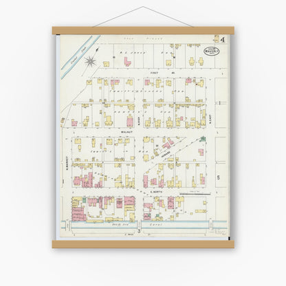 Old map wall art mockup — magnetic wood frame on white wall — Sanborn Fire Insurance Map from Waverly, Pike County, Ohio (1897), Sheet #0004