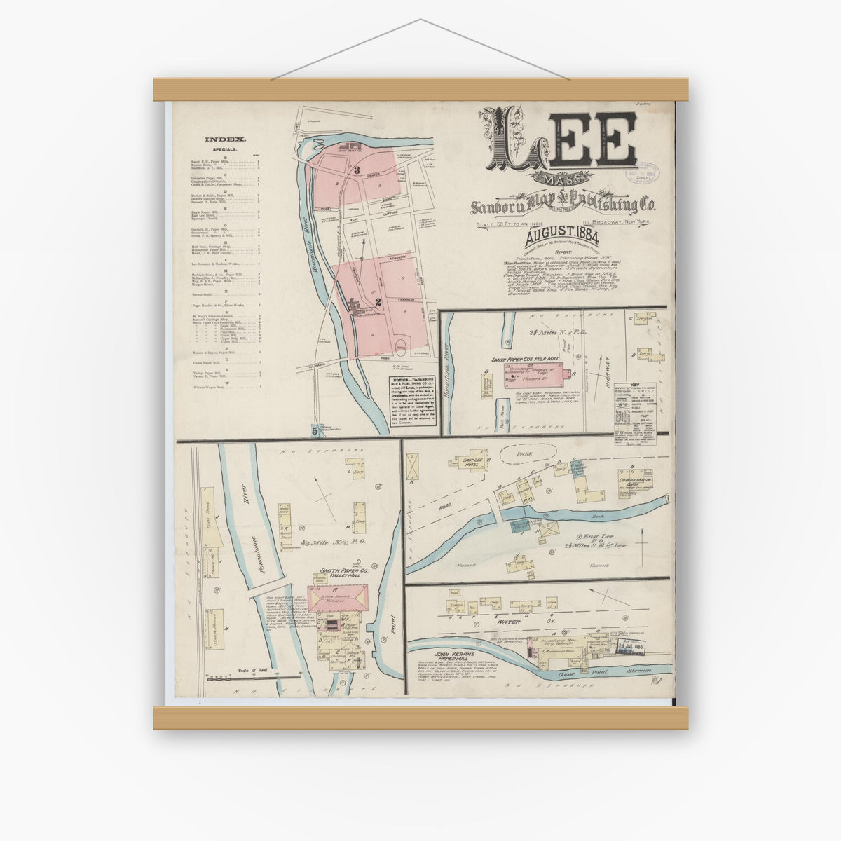 Old map wall art mockup — magnetic wood frame on white wall — Sanborn Fire Insurance Map from Lee, Berkshire County, Massachusetts (1884), Sheet #0001