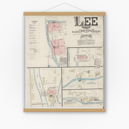 Old map wall art mockup — magnetic wood frame on white wall — Sanborn Fire Insurance Map from Lee, Berkshire County, Massachusetts (1884), Sheet #0001
