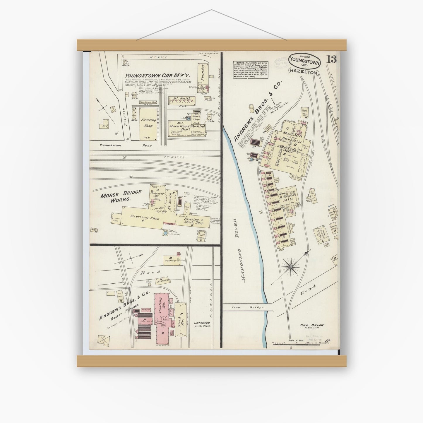 Old map wall art mockup — magnetic wood frame on white wall — Sanborn Fire Insurance Map from Youngstown, Mahoning County, Ohio (1884), Sheet #0013