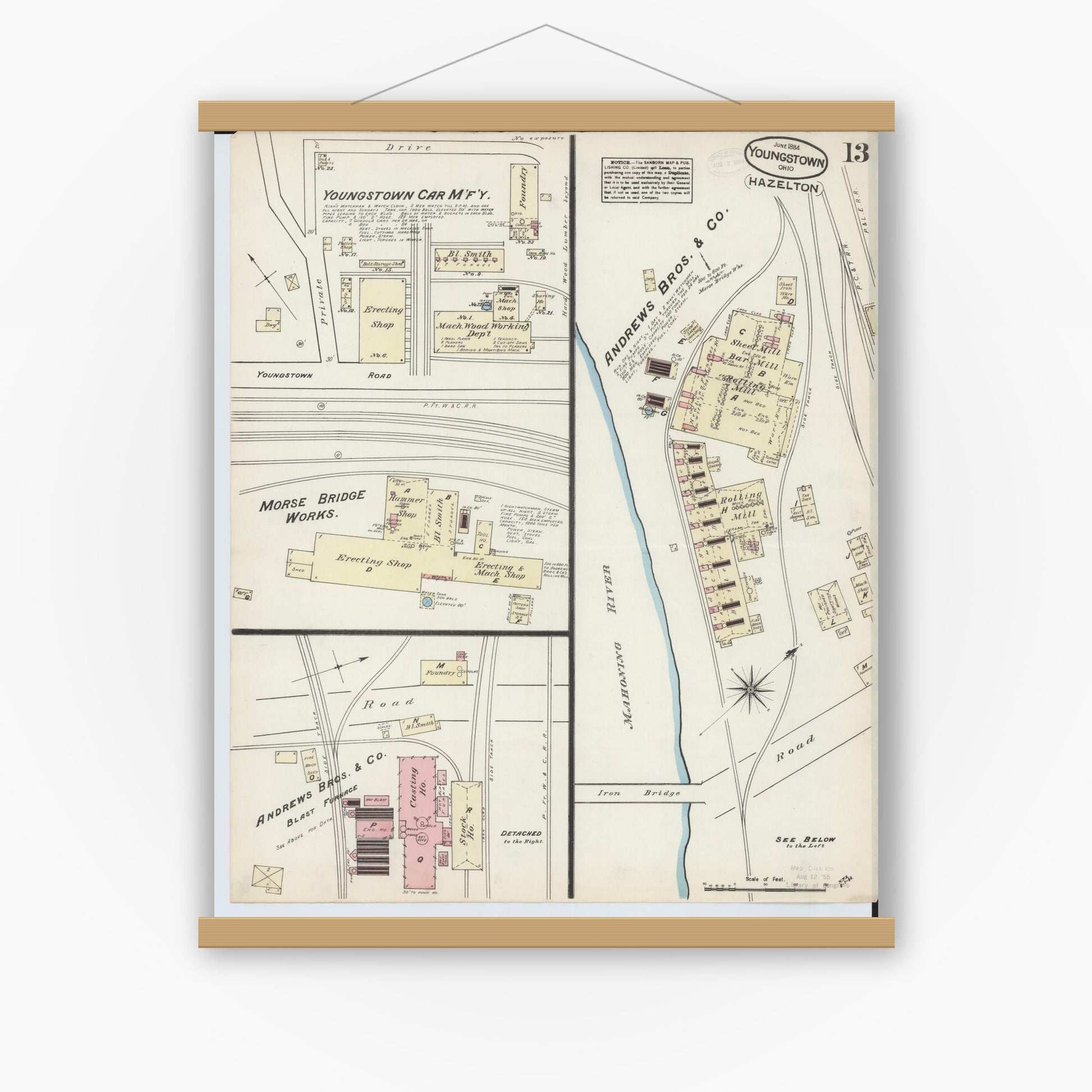 Old map wall art mockup — magnetic wood frame on white wall — Sanborn Fire Insurance Map from Youngstown, Mahoning County, Ohio (1884), Sheet #0013