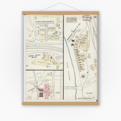 Old map wall art mockup — magnetic wood frame on white wall — Sanborn Fire Insurance Map from Youngstown, Mahoning County, Ohio (1884), Sheet #0013
