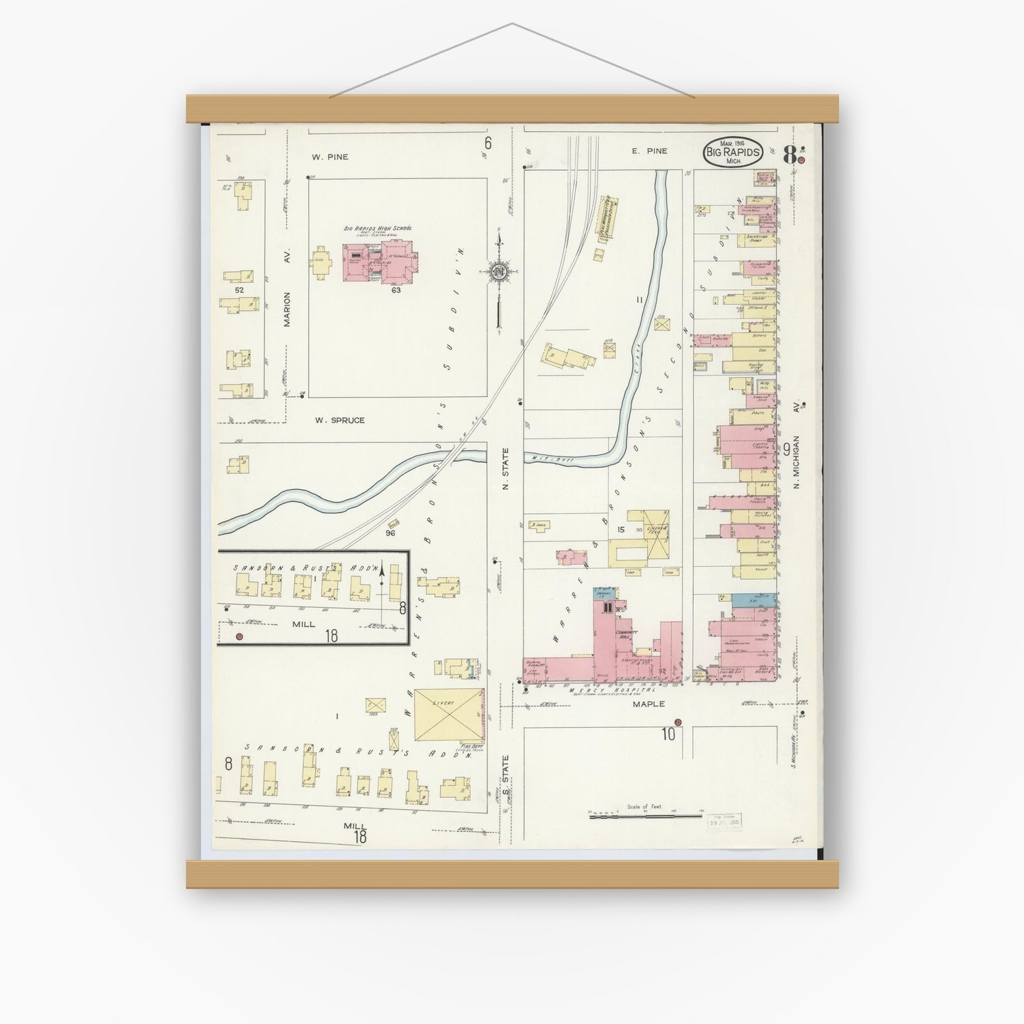 Old map wall art mockup — magnetic wood frame on white wall — Sanborn Fire Insurance Map from Big Rapids, Mecosta County, Michigan (1914), Sheet #0008
