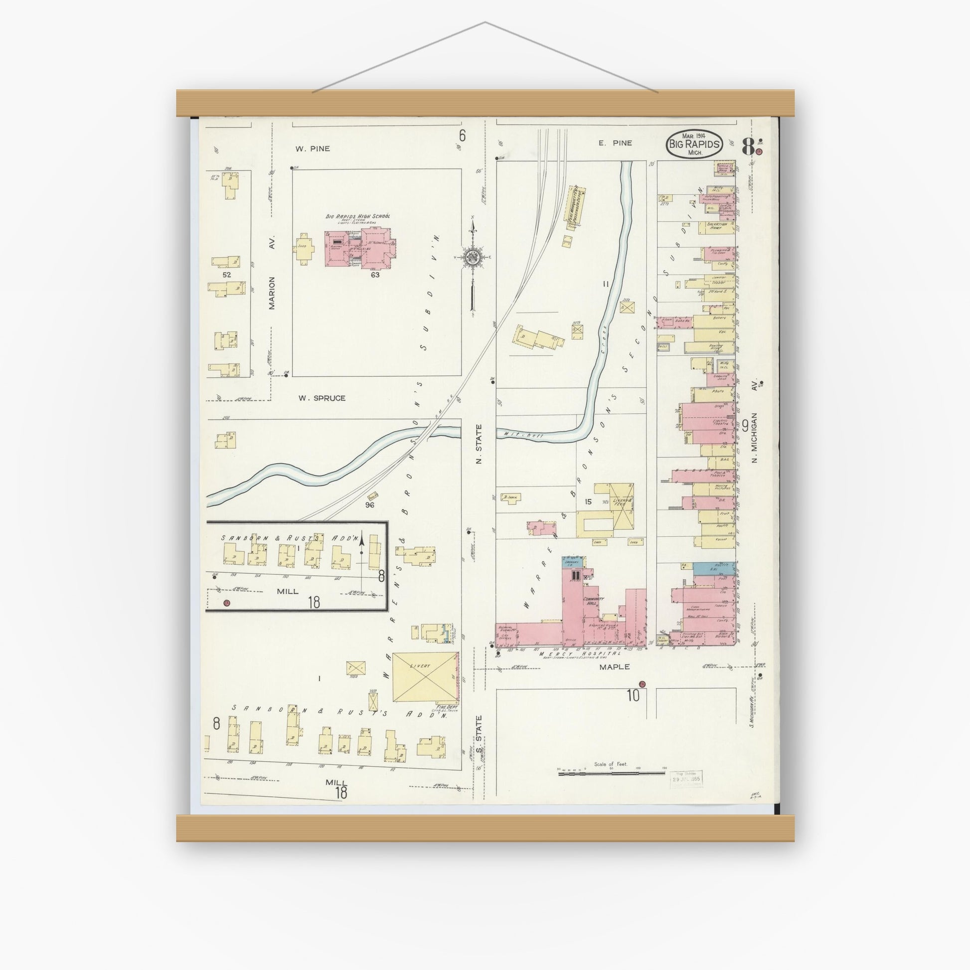 Old map wall art mockup — magnetic wood frame on white wall — Sanborn Fire Insurance Map from Big Rapids, Mecosta County, Michigan (1914), Sheet #0008