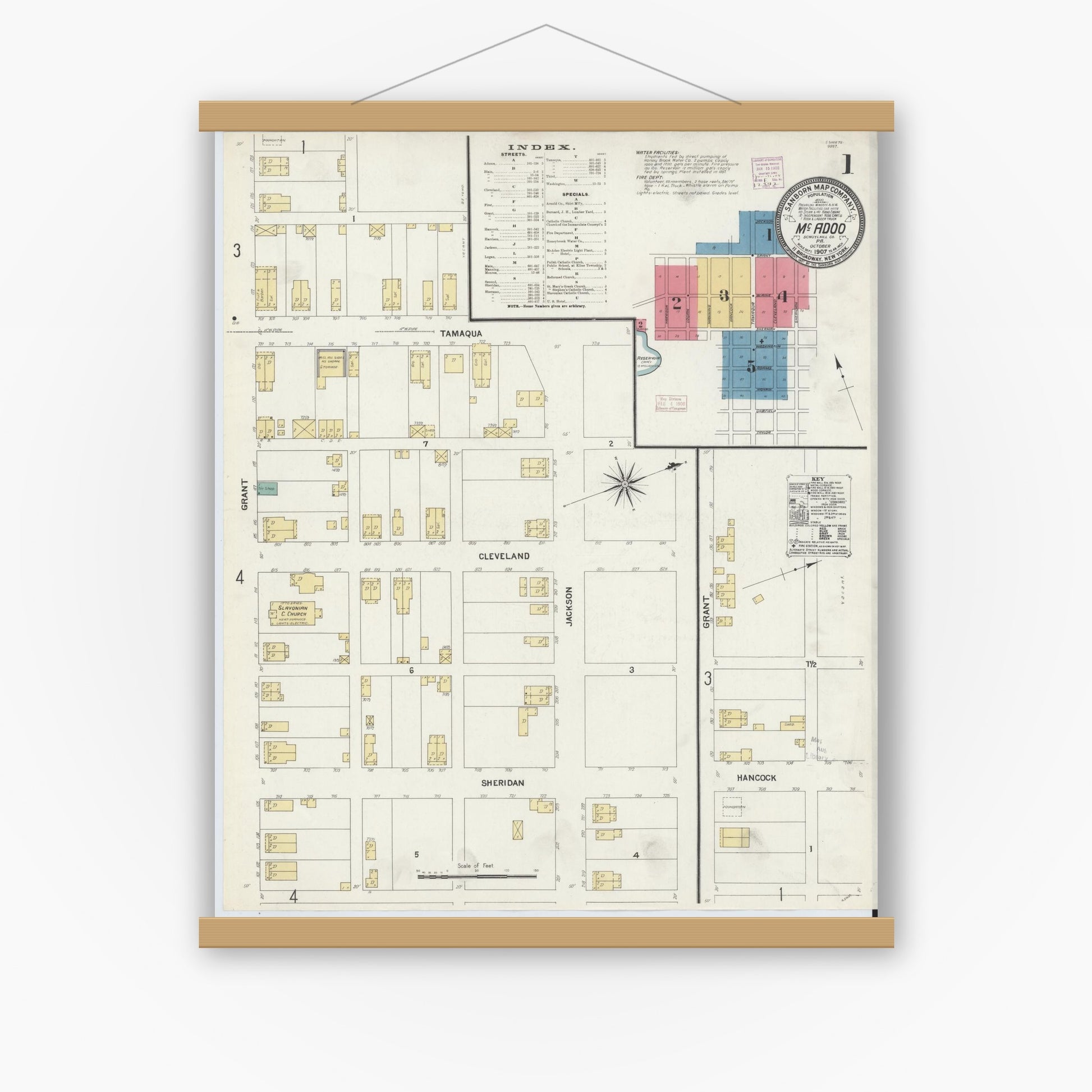 Old map wall art mockup — magnetic wood frame on white wall — Sanborn Fire Insurance Map from McAdoo, Schuylkill County, Pennsylvania (1907) - Complete Map Set