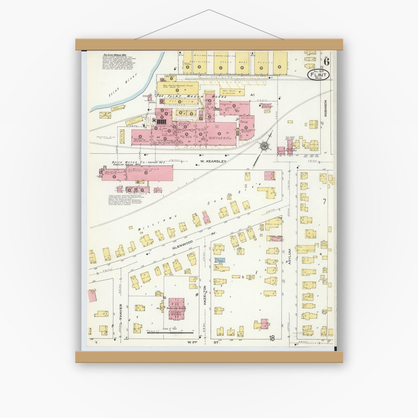 Old map wall art mockup — magnetic wood frame on white wall — Sanborn Fire Insurance Map from Flint, Genesee County, Michigan (1909), Sheet #0006