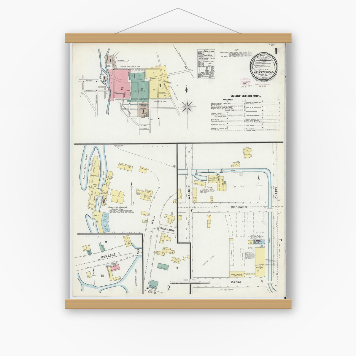 Old map wall art mockup — magnetic wood frame on white wall — Sanborn Fire Insurance Map from Fayetteville, Onondaga County, New York (1896), Sheet #0001