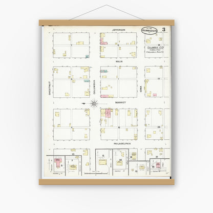 Old map wall art mockup — magnetic wood frame on white wall — Sanborn Fire Insurance Map from Columbus Junction, Louisa County, Iowa (1892), Sheet #0003