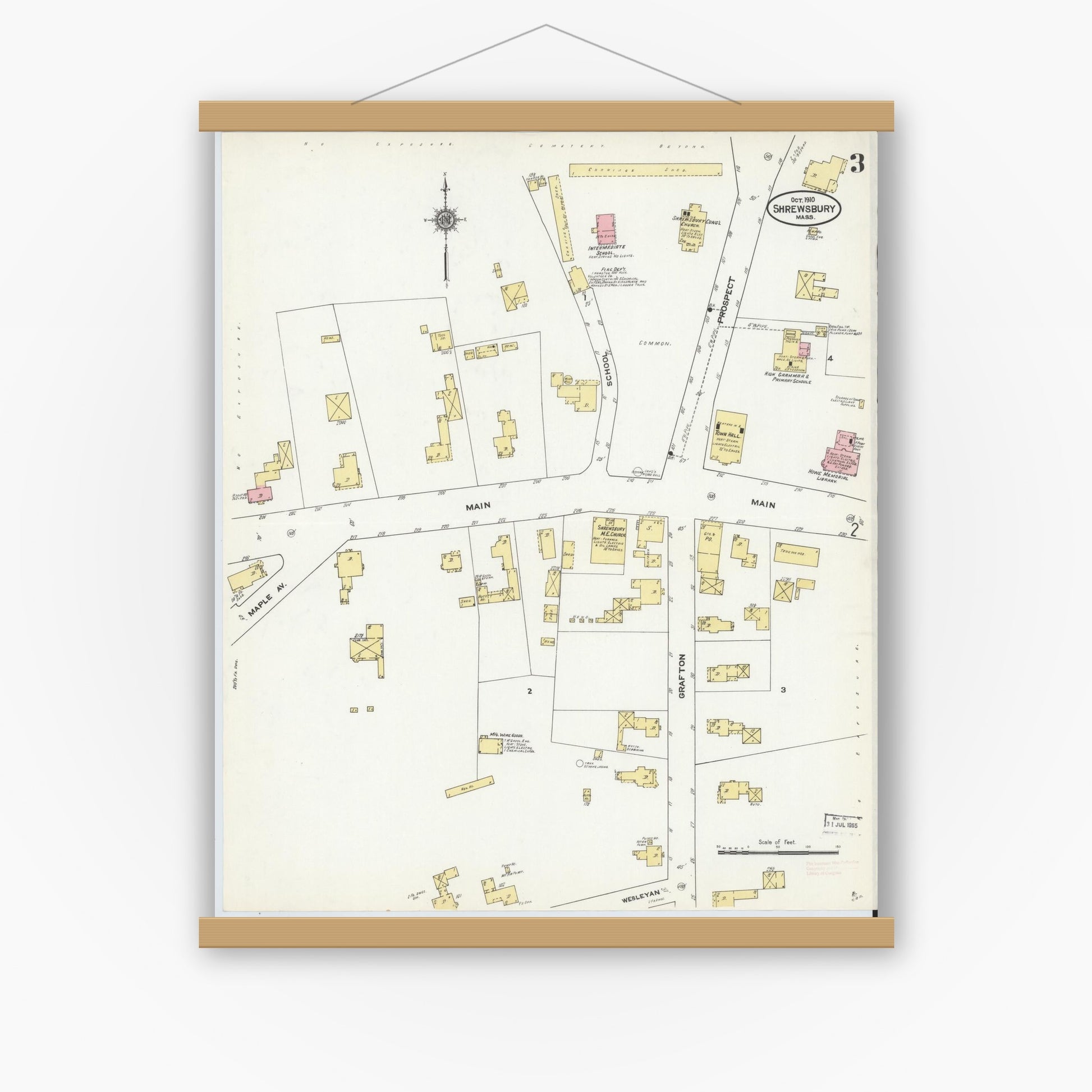 Old map wall art mockup — magnetic wood frame on white wall — Sanborn Fire Insurance Map from Shrewsbury, Worcester County, Massachusetts (1910), Sheet #0003