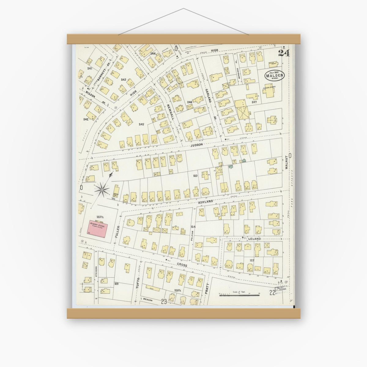 Old map wall art mockup — magnetic wood frame on white wall — Sanborn Fire Insurance Map from Malden, Middlesex County, Massachusetts (1897), Sheet #0024