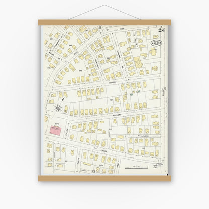Old map wall art mockup — magnetic wood frame on white wall — Sanborn Fire Insurance Map from Malden, Middlesex County, Massachusetts (1897), Sheet #0024