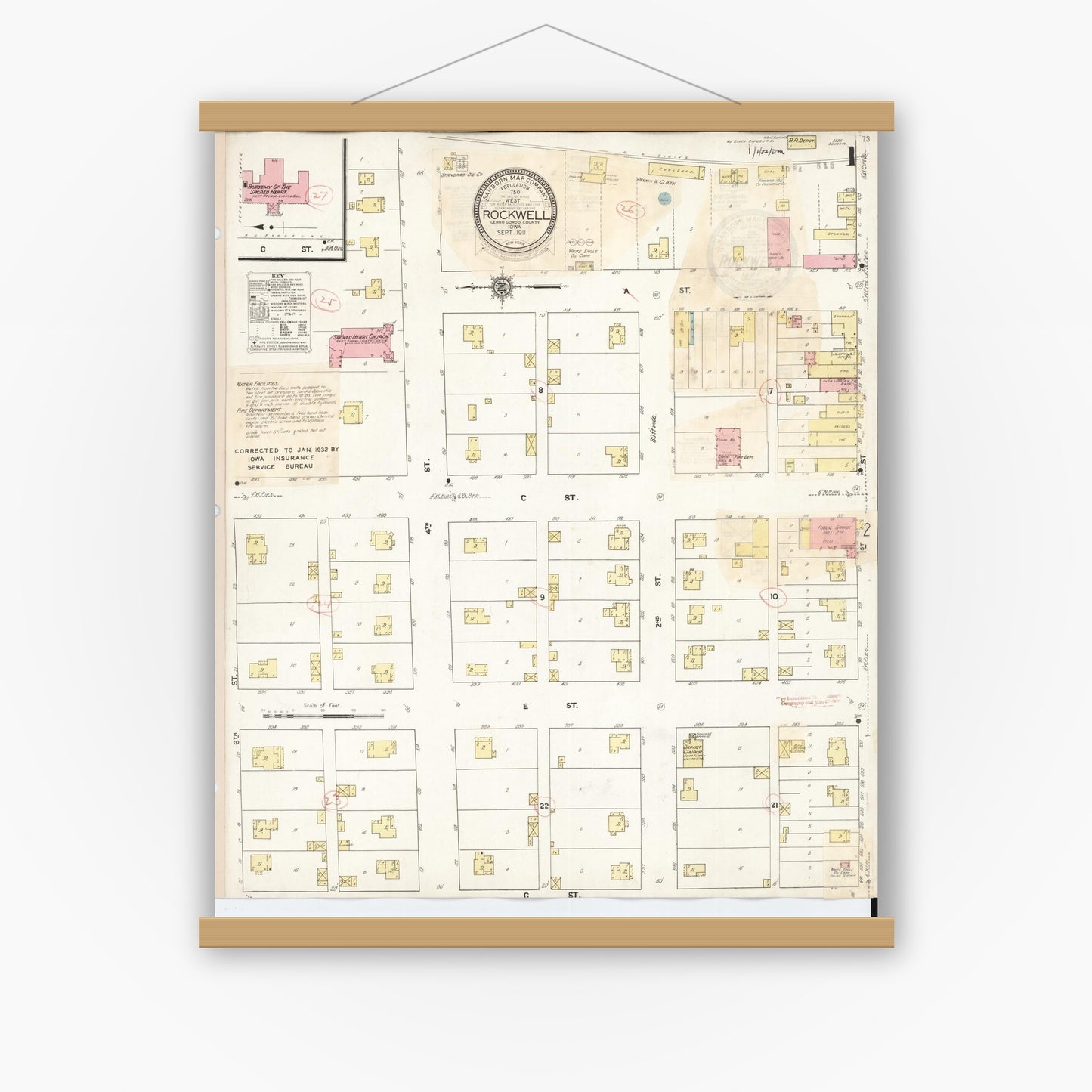 Old map wall art mockup — magnetic wood frame on white wall — Sanborn Fire Insurance Map from Rockwell, Cerro Gordo County, Iowa (1932), Sheet #0001
