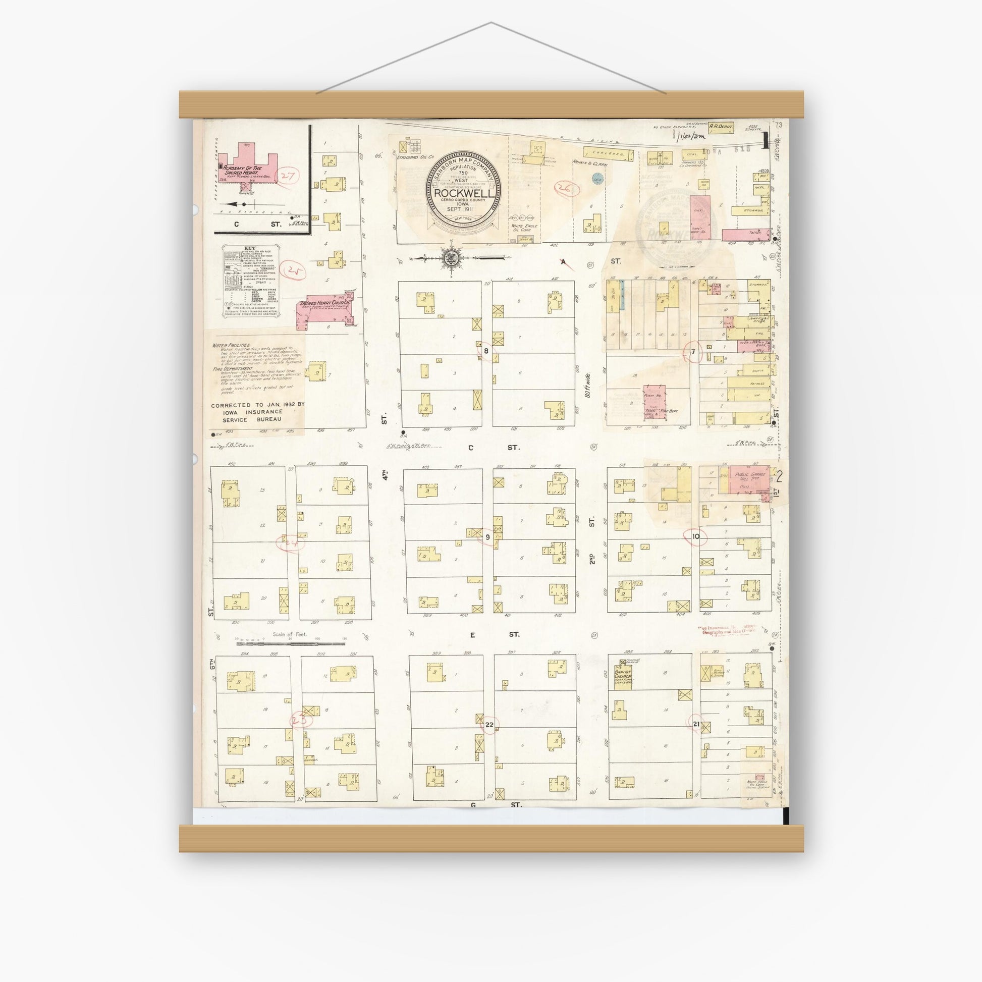 Old map wall art mockup — magnetic wood frame on white wall — Sanborn Fire Insurance Map from Rockwell, Cerro Gordo County, Iowa (1932), Sheet #0001