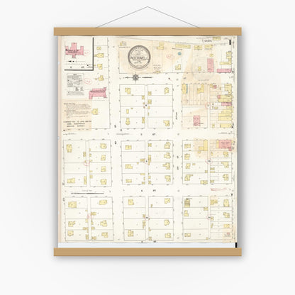 Old map wall art mockup — magnetic wood frame on white wall — Sanborn Fire Insurance Map from Rockwell, Cerro Gordo County, Iowa (1932), Sheet #0001