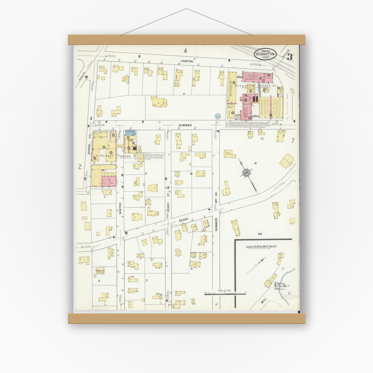 Old map wall art mockup — magnetic wood frame on white wall — Sanborn Fire Insurance Map from Stoughton, Norfolk County, Massachusetts (1912), Sheet #0003