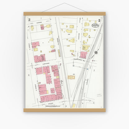 Old map wall art mockup — magnetic wood frame on white wall — Sanborn Fire Insurance Map from Sanford, Lee County, North Carolina (1925), Sheet #0002