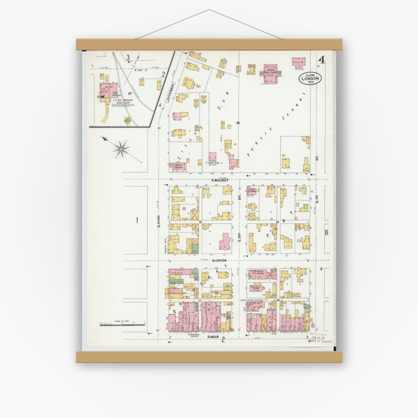 Old map wall art mockup — magnetic wood frame on white wall — Sanborn Fire Insurance Map from London, Madison County, Ohio (1901), Sheet #0004