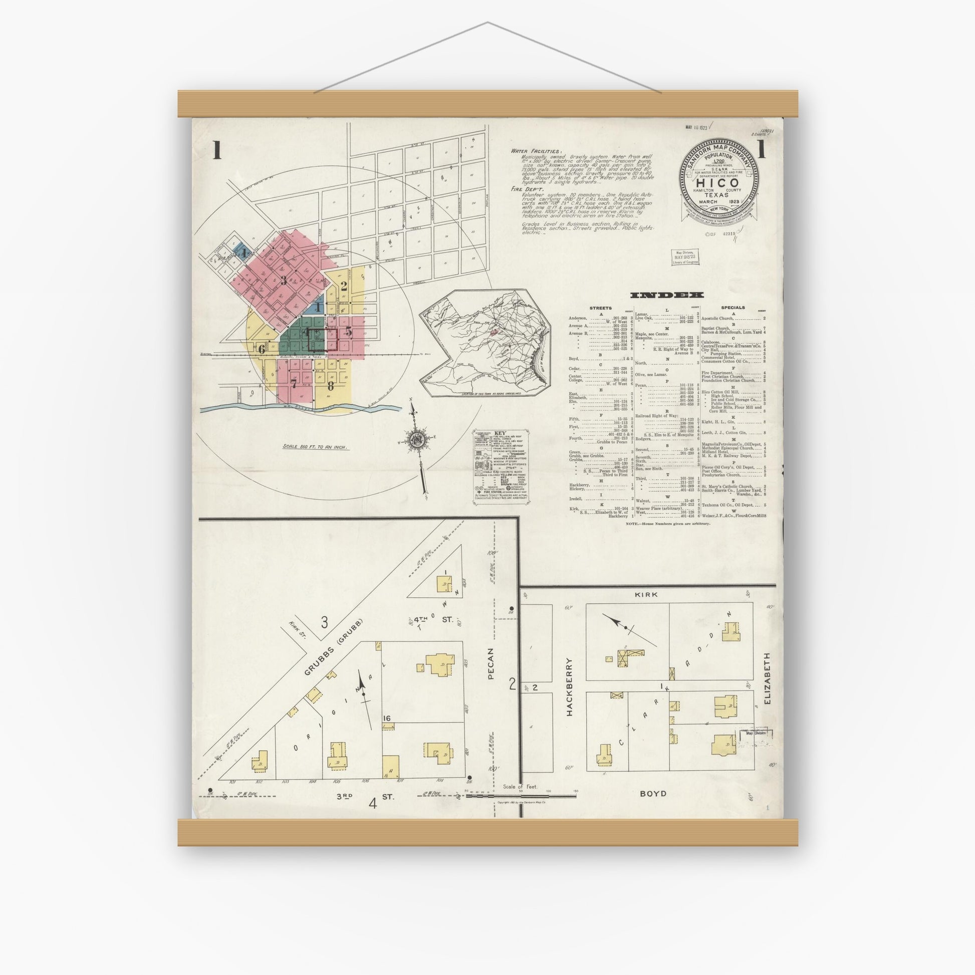 Old map wall art mockup — magnetic wood frame on white wall — Sanborn Fire Insurance Map from Hico, Hamilton County, Texas (1923) - Complete Map Set