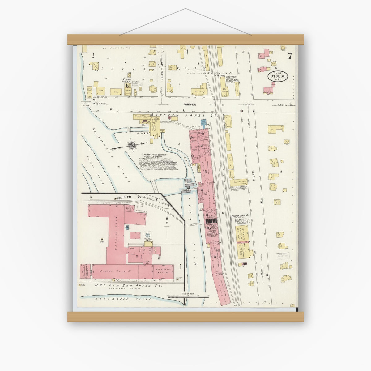 Old map wall art mockup — magnetic wood frame on white wall — Sanborn Fire Insurance Map from Otsego, Allegan County, Michigan (1911), Sheet #0007