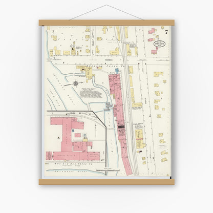 Old map wall art mockup — magnetic wood frame on white wall — Sanborn Fire Insurance Map from Otsego, Allegan County, Michigan (1911), Sheet #0007
