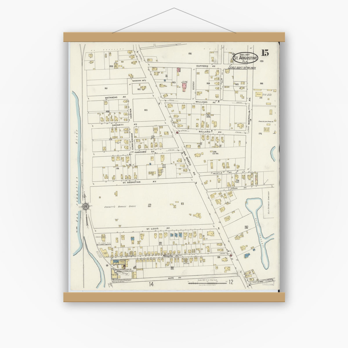 Old map wall art mockup — magnetic wood frame on white wall — Sanborn Fire Insurance Map from Saint Augustine, Saint John's County, Florida (1917), Sheet #0015