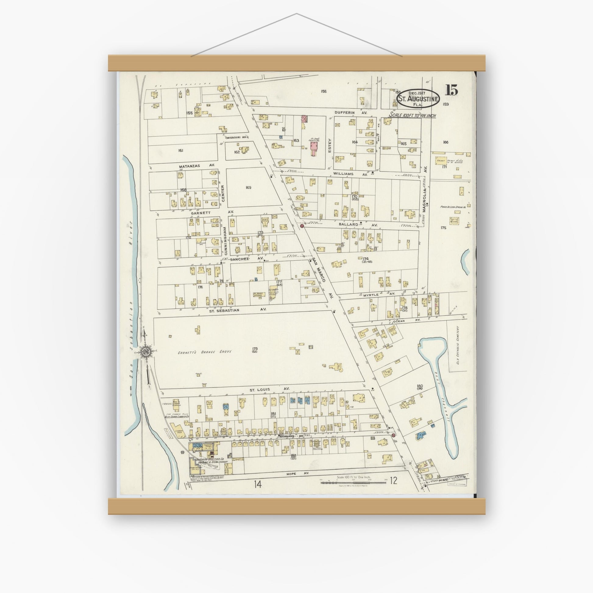 Old map wall art mockup — magnetic wood frame on white wall — Sanborn Fire Insurance Map from Saint Augustine, Saint John's County, Florida (1917), Sheet #0015