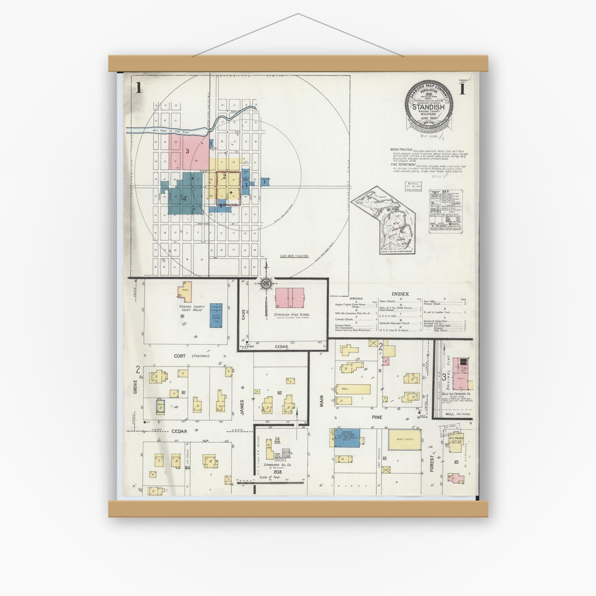 Old map wall art mockup — magnetic wood frame on white wall — Sanborn Fire Insurance Map from Standish, Arenac County, Michigan (1924), Sheet #0001