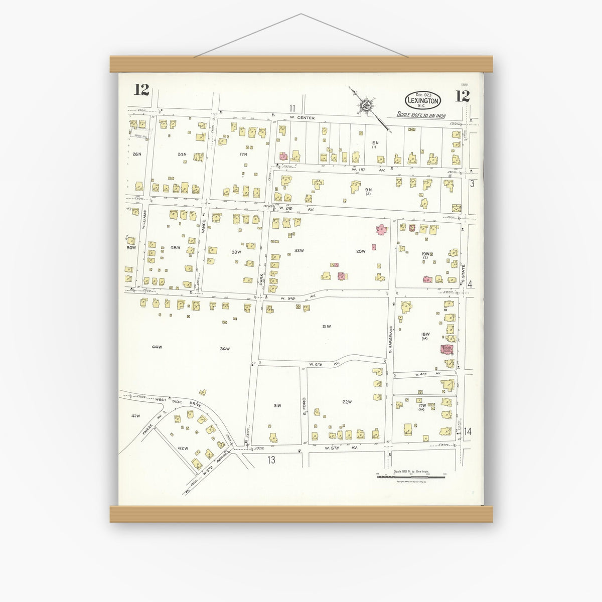 Old map wall art mockup — magnetic wood frame on white wall — Sanborn Fire Insurance Map from Lexington, Davidson County, North Carolina (1923), Sheet #0012
