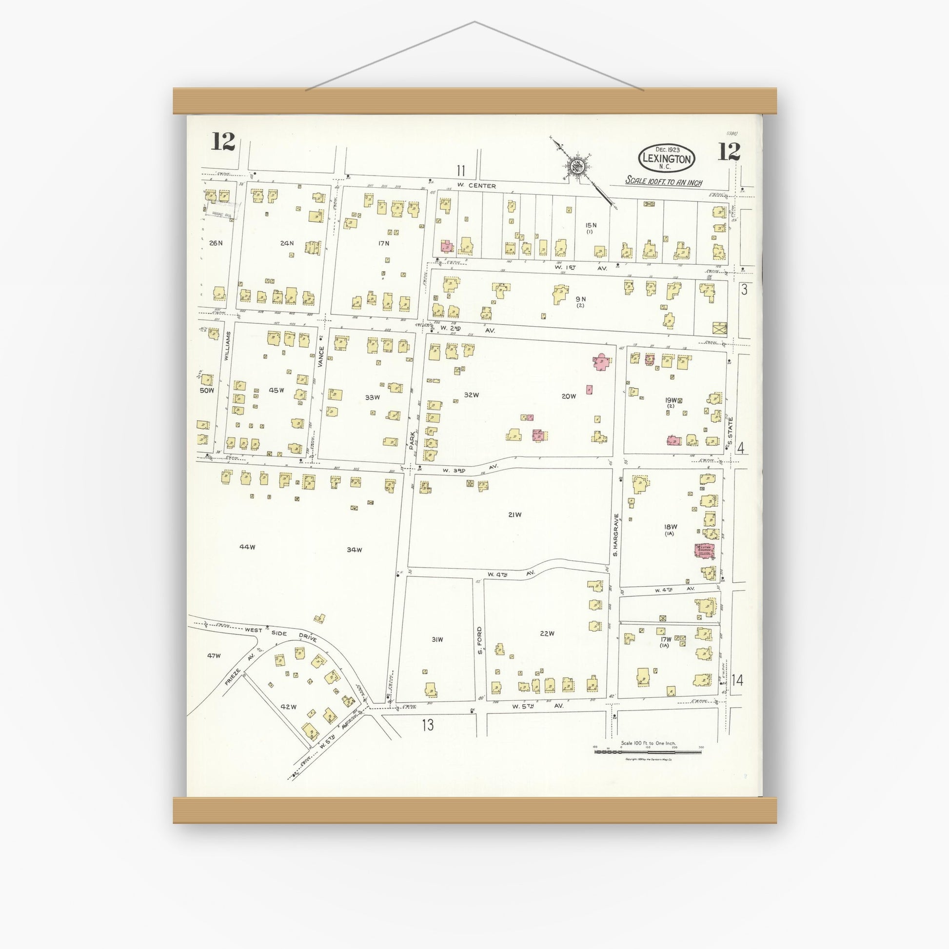 Old map wall art mockup — magnetic wood frame on white wall — Sanborn Fire Insurance Map from Lexington, Davidson County, North Carolina (1923), Sheet #0012