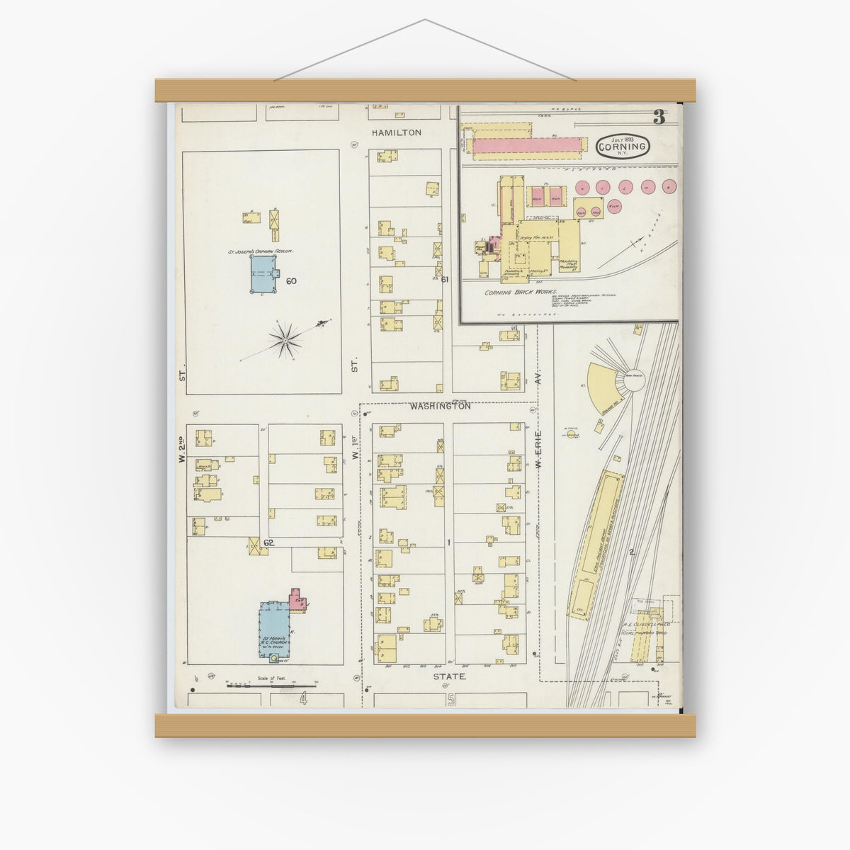 Old map wall art mockup — magnetic wood frame on white wall — Sanborn Fire Insurance Map from Corning, Steuben County, New York (1893), Sheet #0003