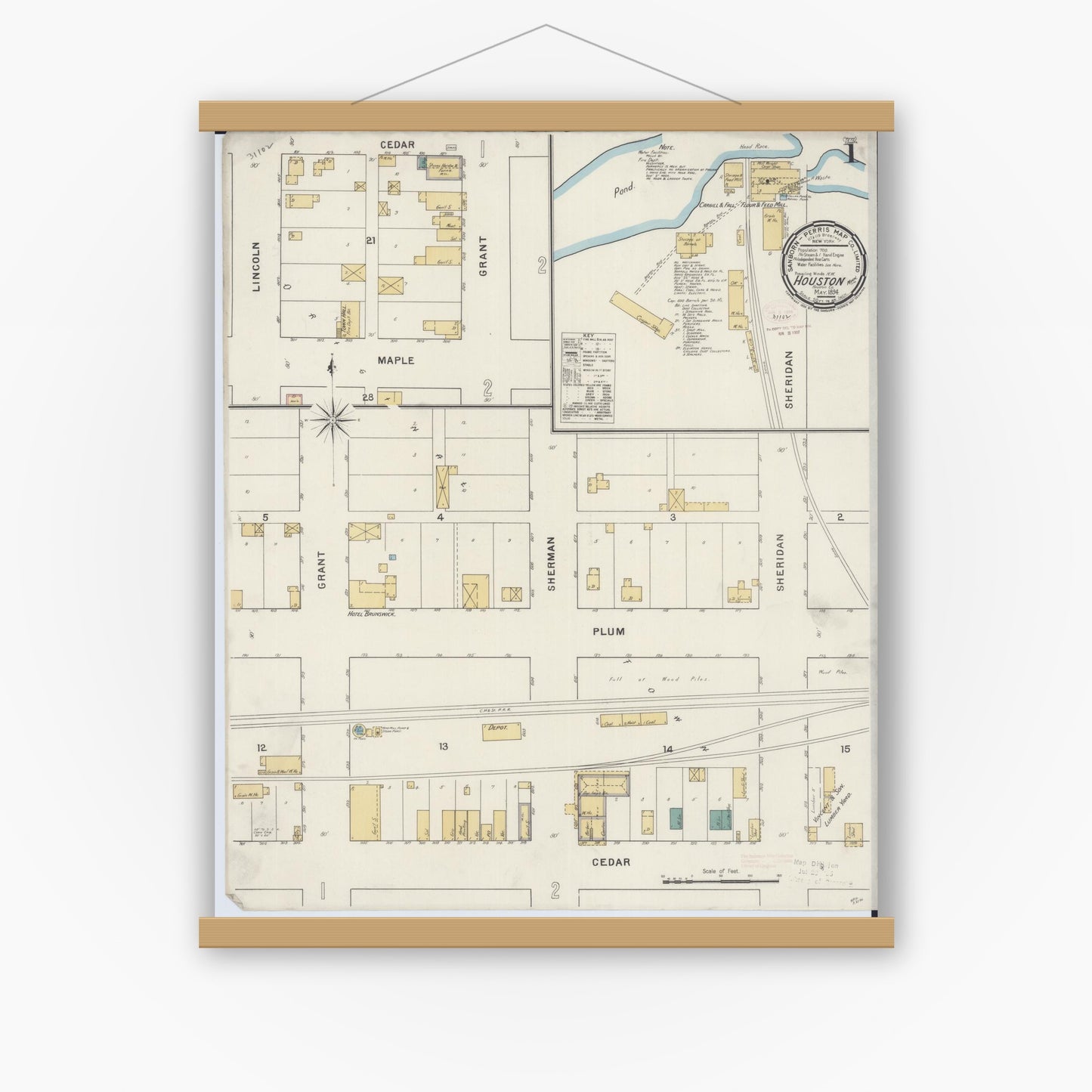 Old map wall art mockup — magnetic wood frame on white wall — Sanborn Fire Insurance Map from Houston, Houston County, Minnesota (1894), Sheet #0001