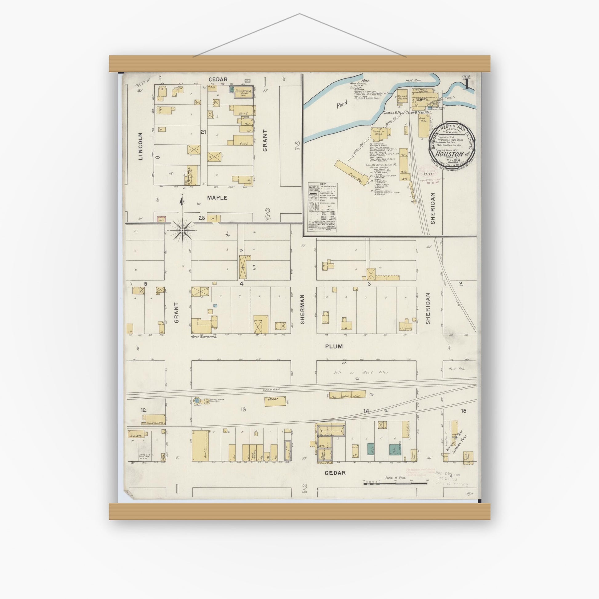 Old map wall art mockup — magnetic wood frame on white wall — Sanborn Fire Insurance Map from Houston, Houston County, Minnesota (1894), Sheet #0001