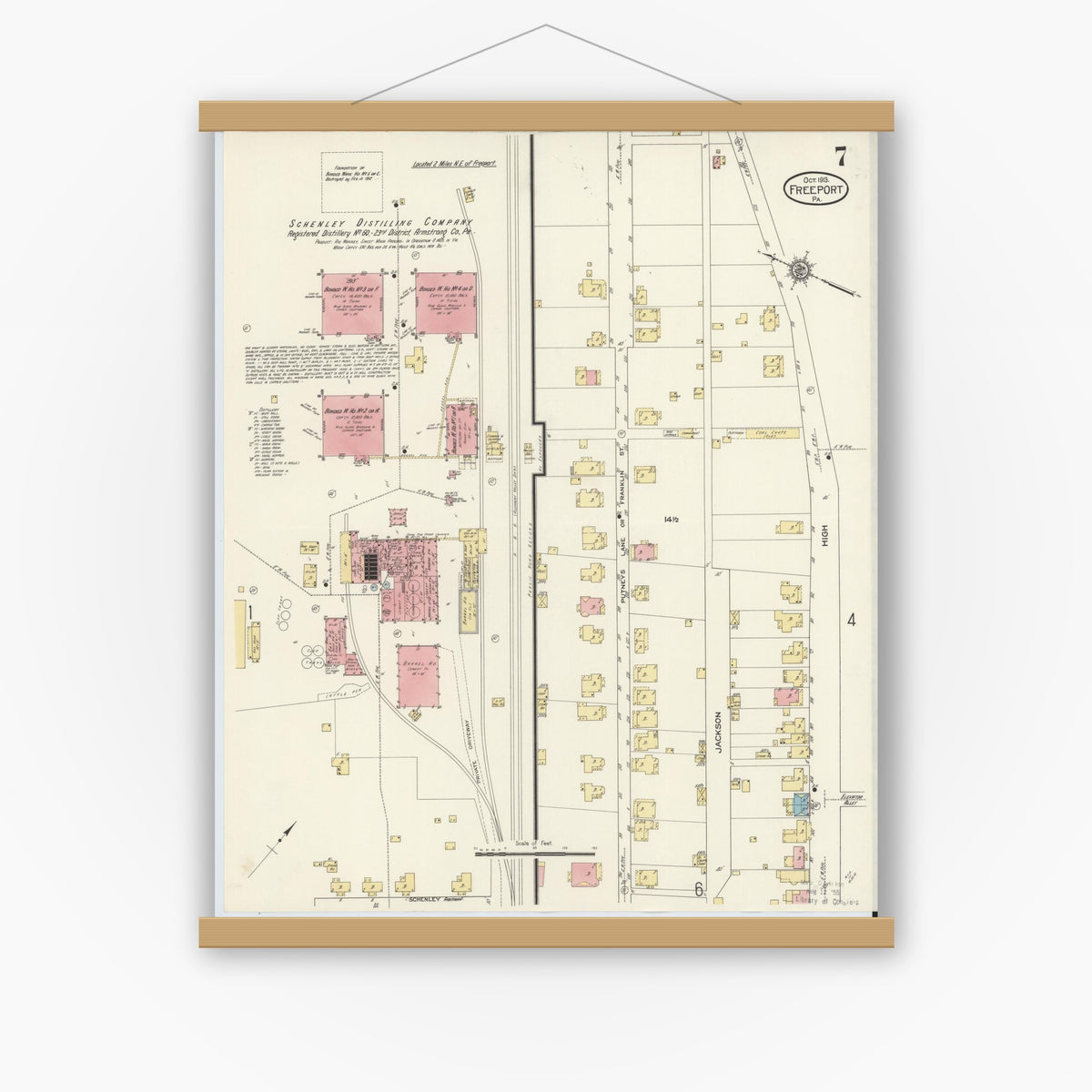 Old map wall art mockup — magnetic wood frame on white wall — Sanborn Fire Insurance Map from Freeport, Armstrong County, Pennsylvania (1913), Sheet #0007