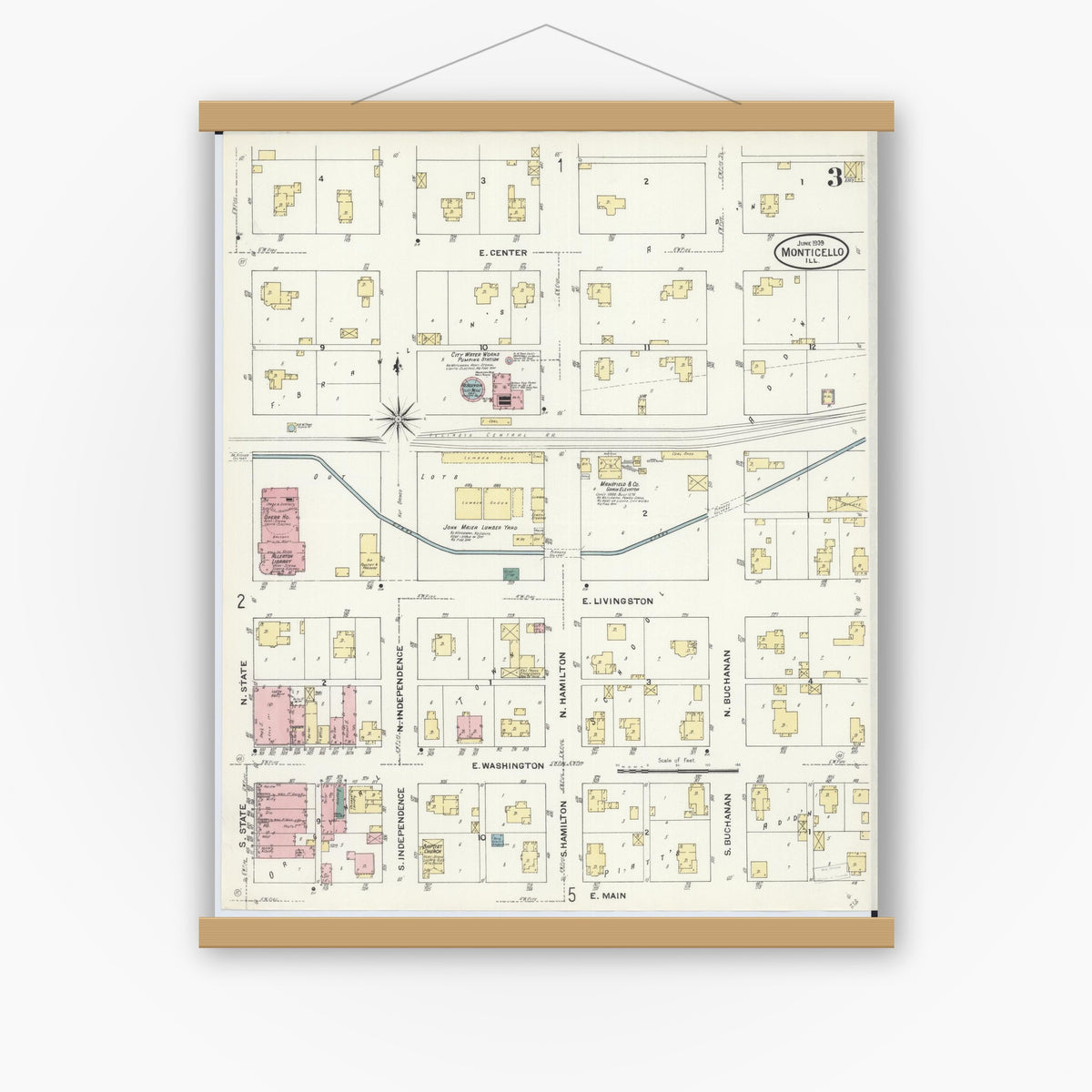 Old map wall art mockup — magnetic wood frame on white wall — Sanborn Fire Insurance Map from Monticello, Piatt County, Illinois (1909), Sheet #0003