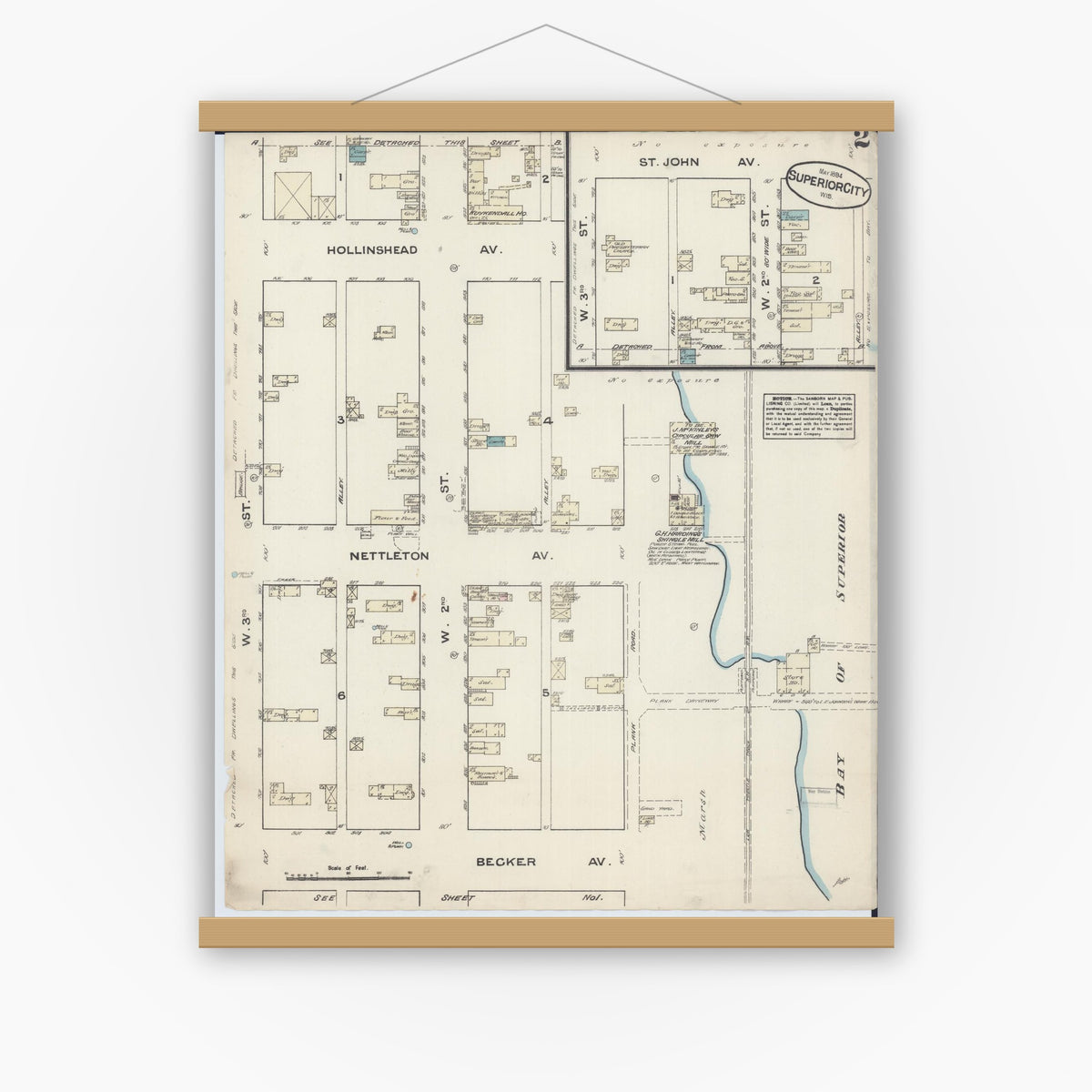 Old map wall art mockup — magnetic wood frame on white wall — Sanborn Fire Insurance Map from Superior, Douglas County, Wisconsin (1884), Sheet #0002
