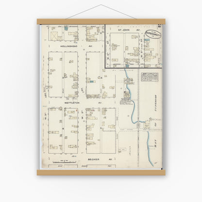 Old map wall art mockup — magnetic wood frame on white wall — Sanborn Fire Insurance Map from Superior, Douglas County, Wisconsin (1884), Sheet #0002