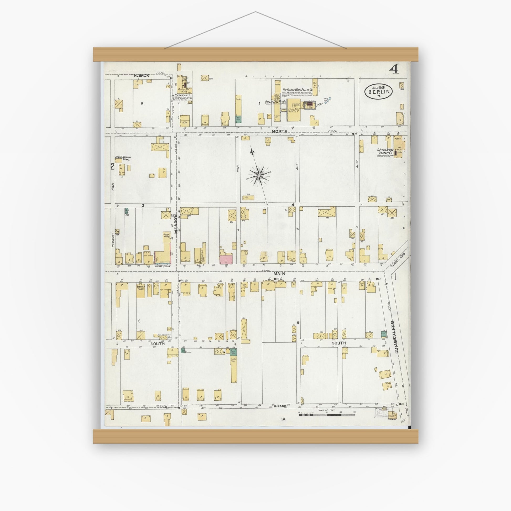 Old map wall art mockup — magnetic wood frame on white wall — Sanborn Fire Insurance Map from Berlin, Somerset County, Pennsylvania (1905), Sheet #0004