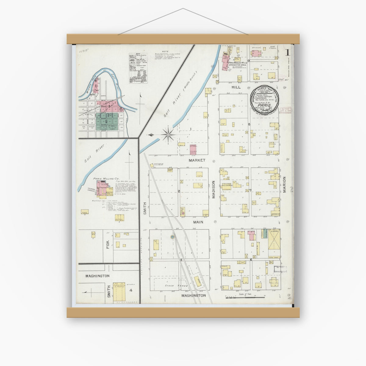 Old map wall art mockup — magnetic wood frame on white wall — Sanborn Fire Insurance Map from Paris, Monroe County, Missouri (1893) - Complete Map Set
