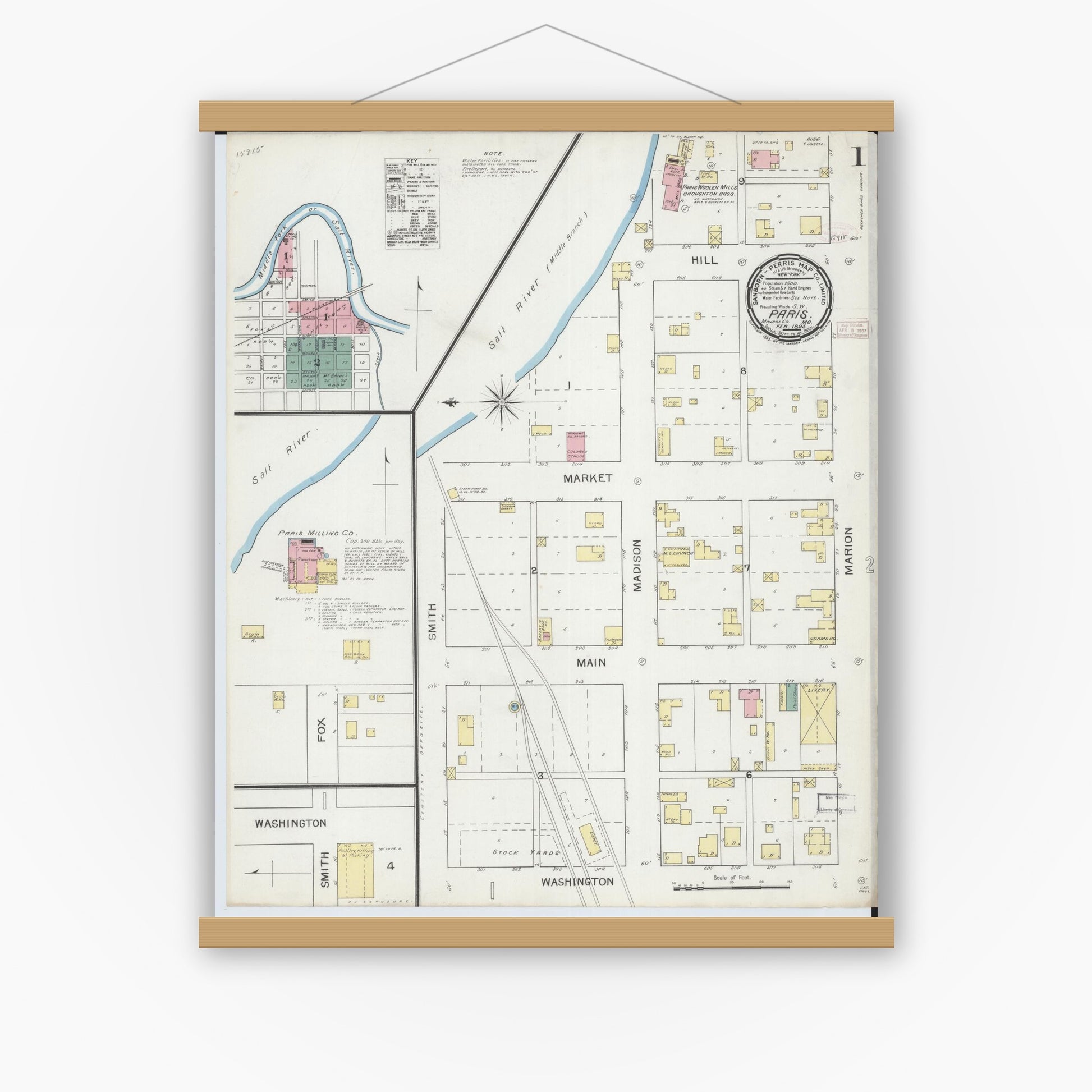 Old map wall art mockup — magnetic wood frame on white wall — Sanborn Fire Insurance Map from Paris, Monroe County, Missouri (1893) - Complete Map Set